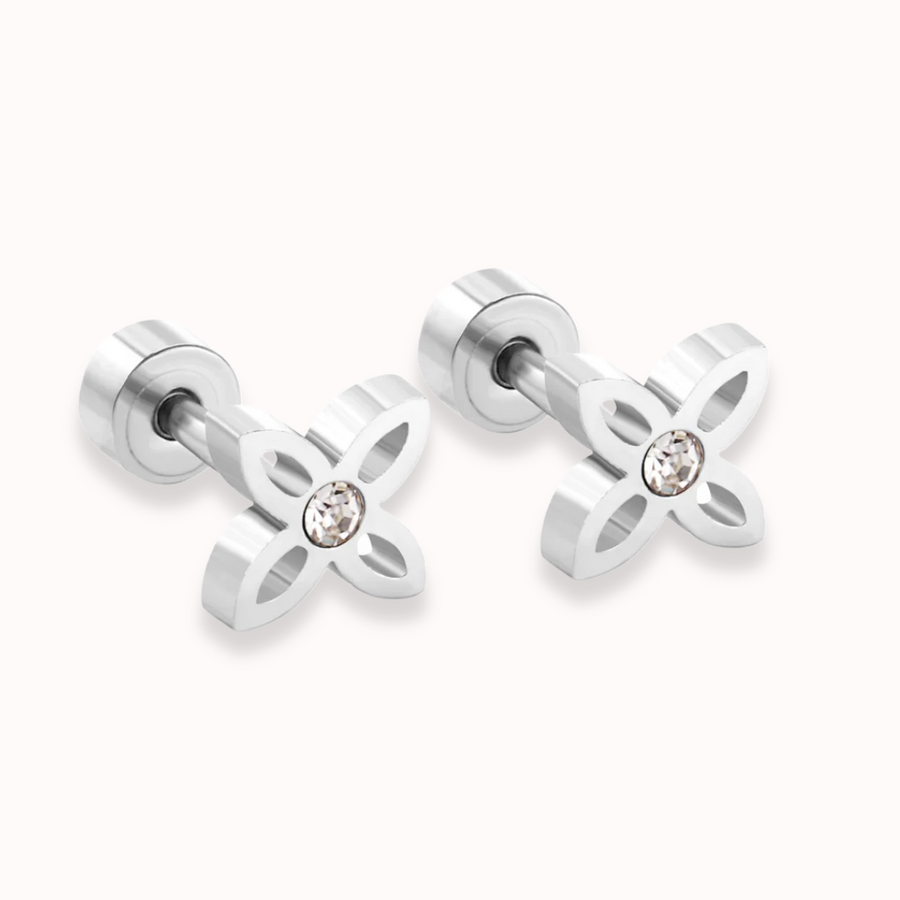 Crystal Flower Stud Screw Back Studs Silver