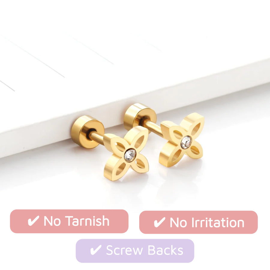 Crystal Flower screw back studs: petal-shaped earrings with a crystal centre