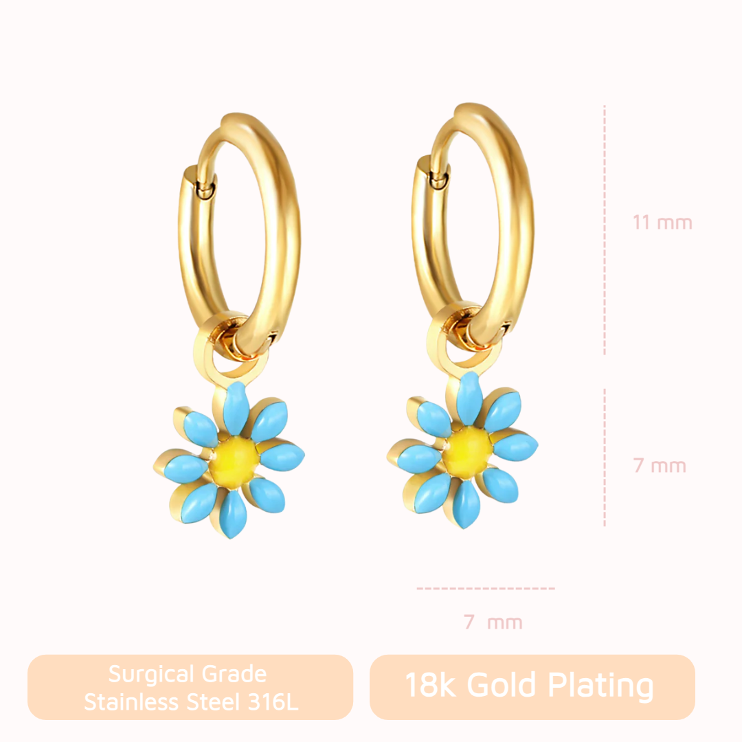 Gold hoop earrings with blue and yellow flower charms and measurements on a white background.