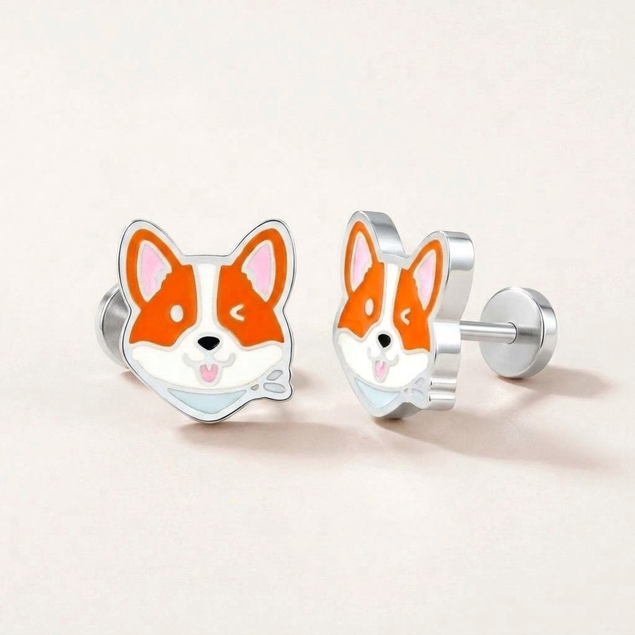 Corgi Flat Back Studs Silver: hypoallergenic kids' flat back stud earrings, shown front and side on a soft stone background