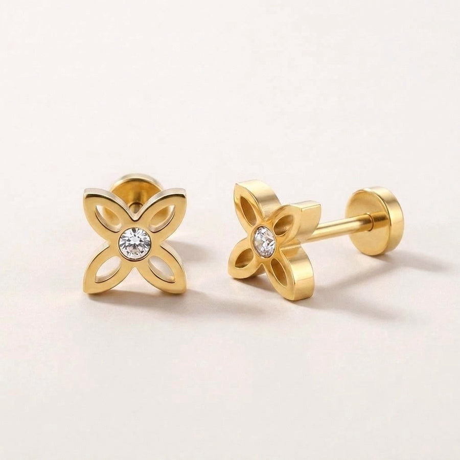 Crystal Flower Stud Screw Back Studs Gold: hypoallergenic kids' flat back stud earrings, shown front and side on a soft stone background