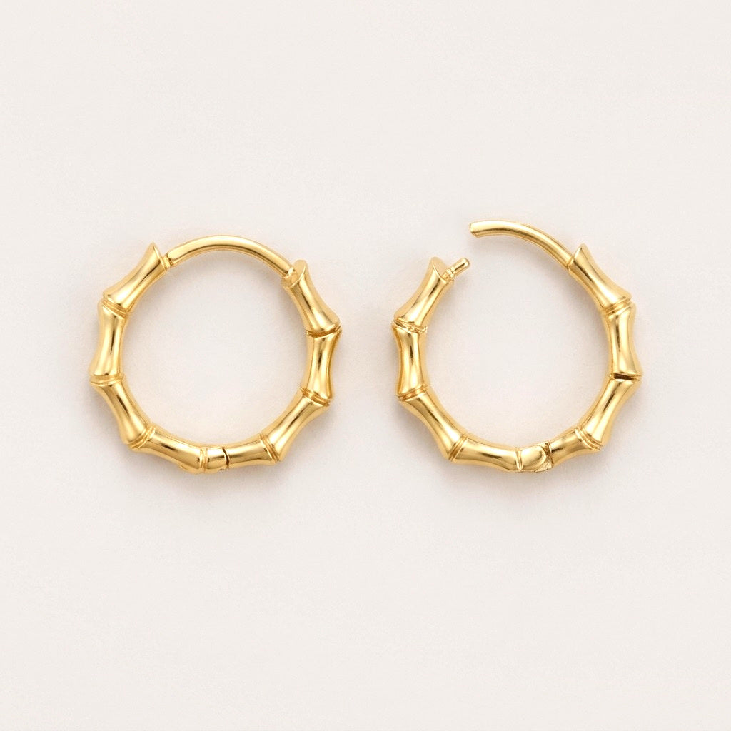 Bamboo Luxe Gold Hoops: hypoallergenic hoop earrings, shown front and side on a soft stone background