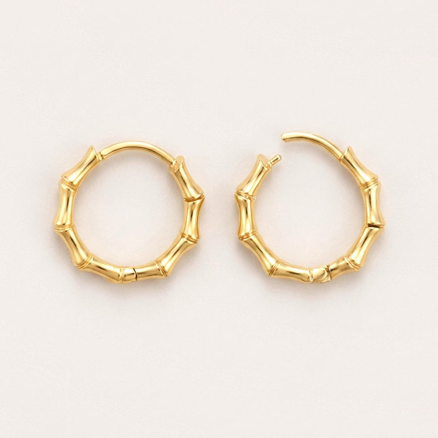 Bamboo Luxe Gold Hoops: hypoallergenic hoop earrings, shown front and side on a soft stone background