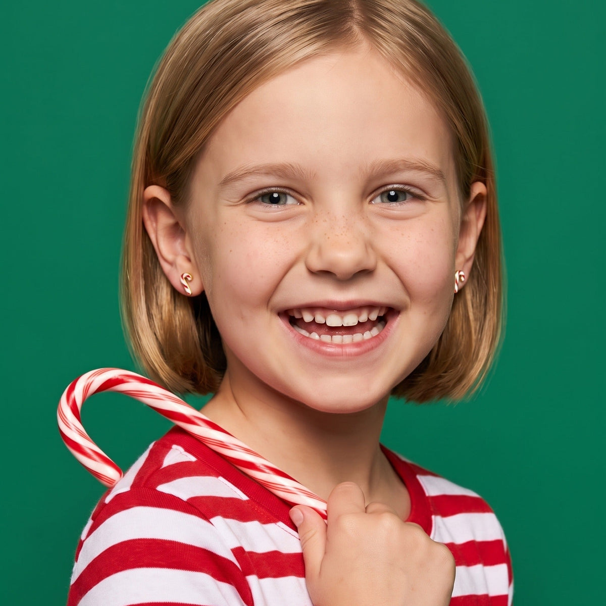 Candy Cane Flat Back Studs worn by a smiling girl, christmas look: hypoallergenic kids' earrings