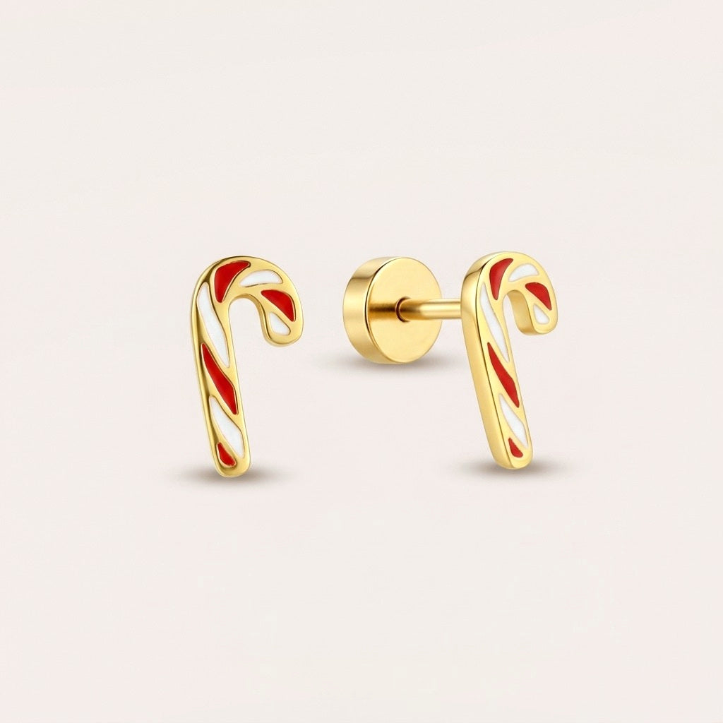 Candy Cane Flat Back Studs: hypoallergenic kids' flat back stud earrings, shown front and side on a soft stone background