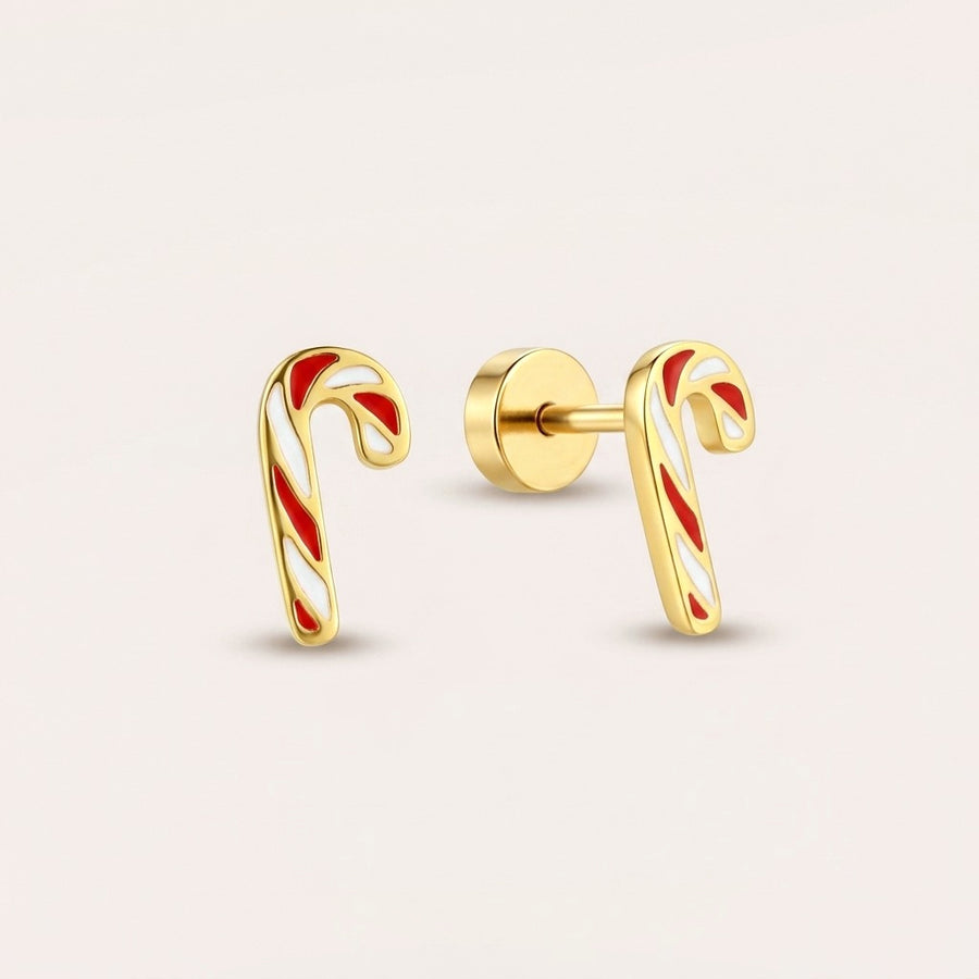 Candy Cane Flat Back Studs: hypoallergenic kids' flat back stud earrings, shown front and side on a soft stone background