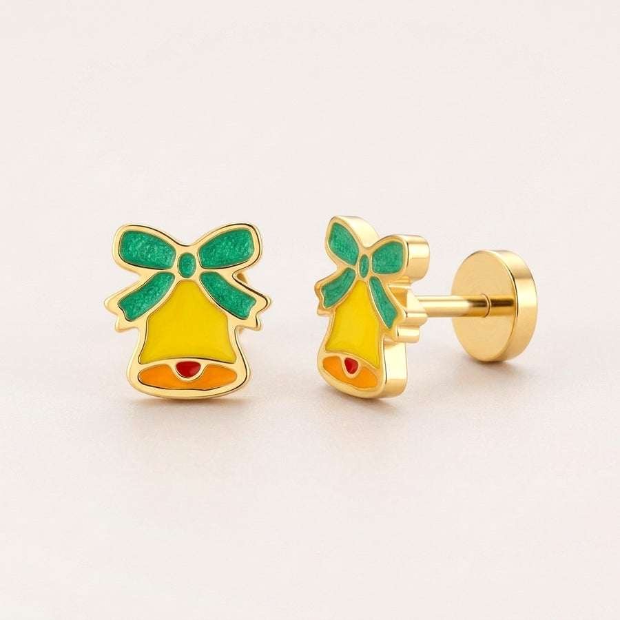 Christmas Bells Flat Back Studs: hypoallergenic kids' flat back stud earrings, shown front and side on a soft stone background