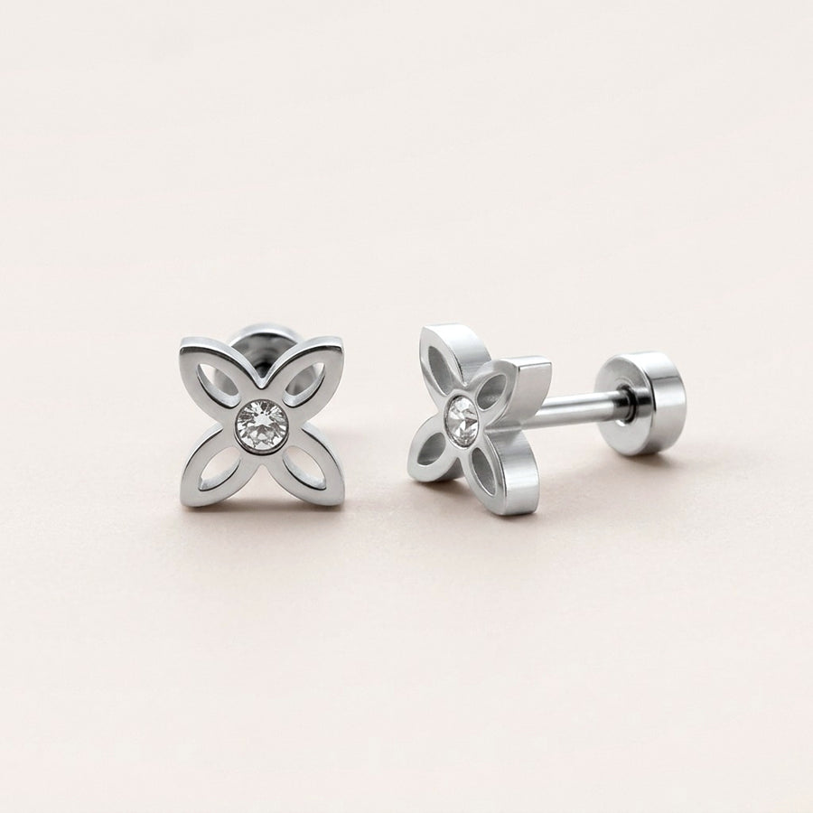 Crystal Flower Stud Screw Back Studs Silver: hypoallergenic kids' screw back stud earrings, shown front and side on a soft stone background