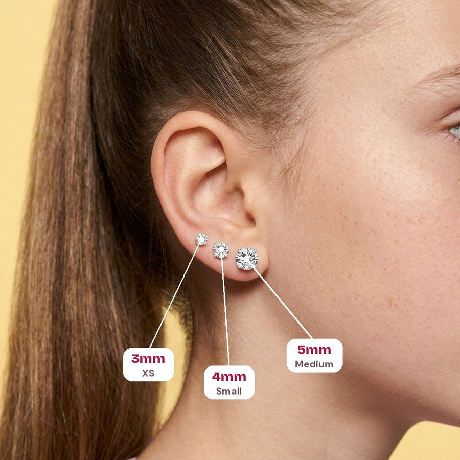 Diamond CZ Flat Back Studs Silver: every size worn on the ear, with size labels