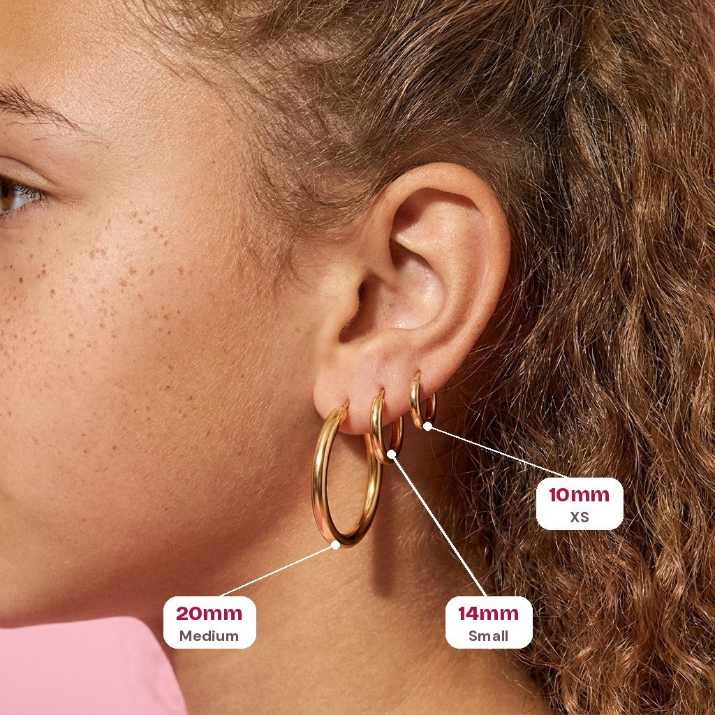 Everyday Hoops Gold: every size worn on the ear, with size labels