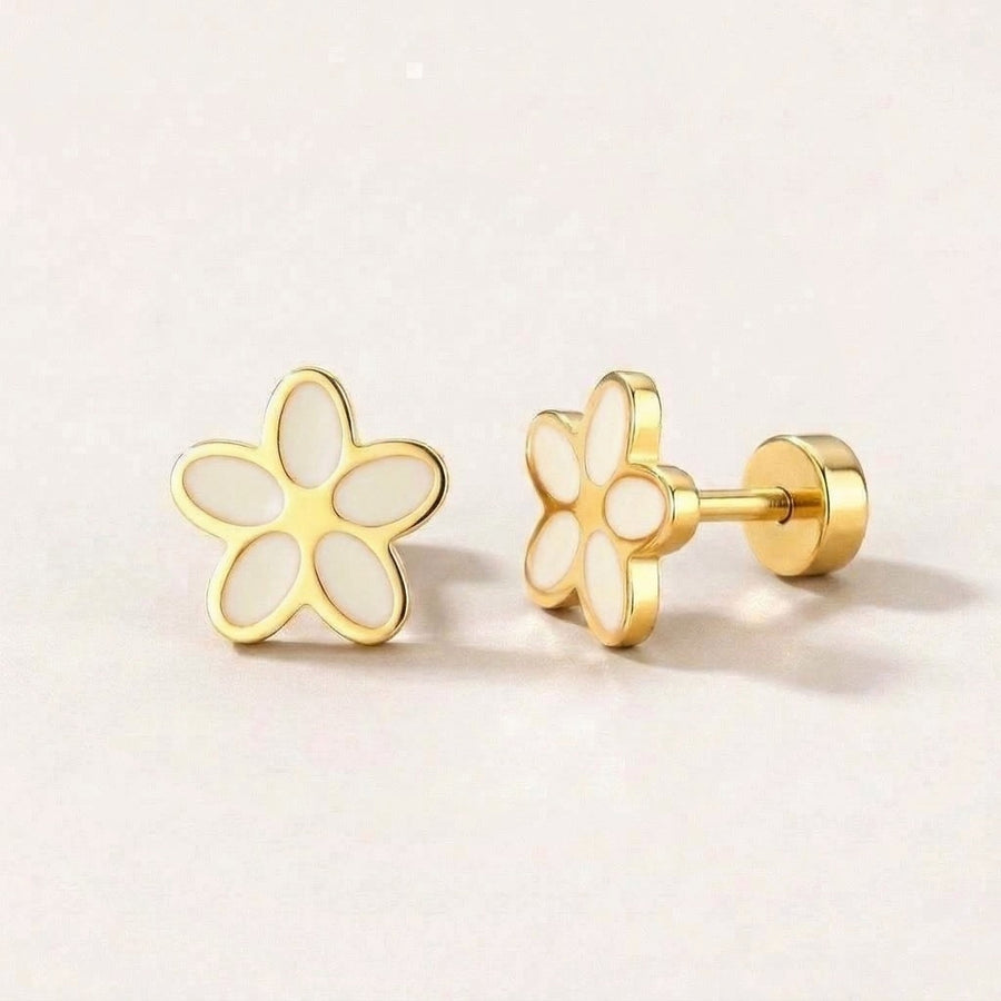 Flower Flat Back Studs Lilac in White: hypoallergenic kids' flat back stud earrings, shown front and side on a soft stone background