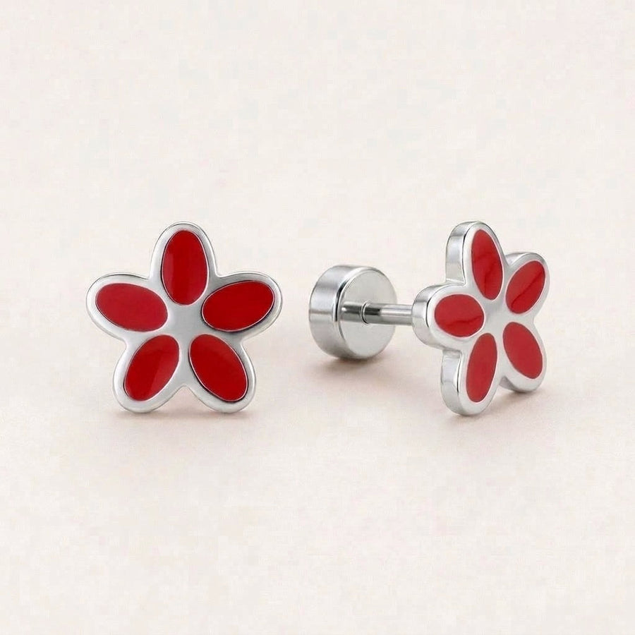 Flower Flat Back Studs Silver in Red: hypoallergenic kids' flat back stud earrings, shown front and side on a soft stone background