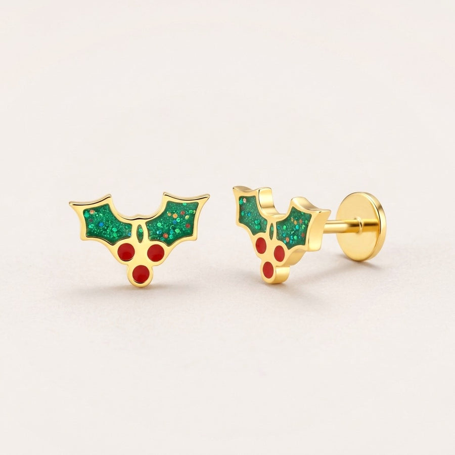 Holly Flat Back Studs: hypoallergenic kids' flat back stud earrings, shown front and side on a soft stone background
