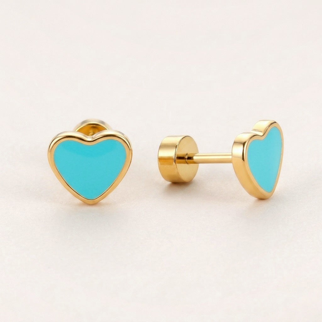 Love Heart Flat Back Studs Gold in Turquoise: hypoallergenic kids' flat back stud earrings, shown front and side on a soft stone background