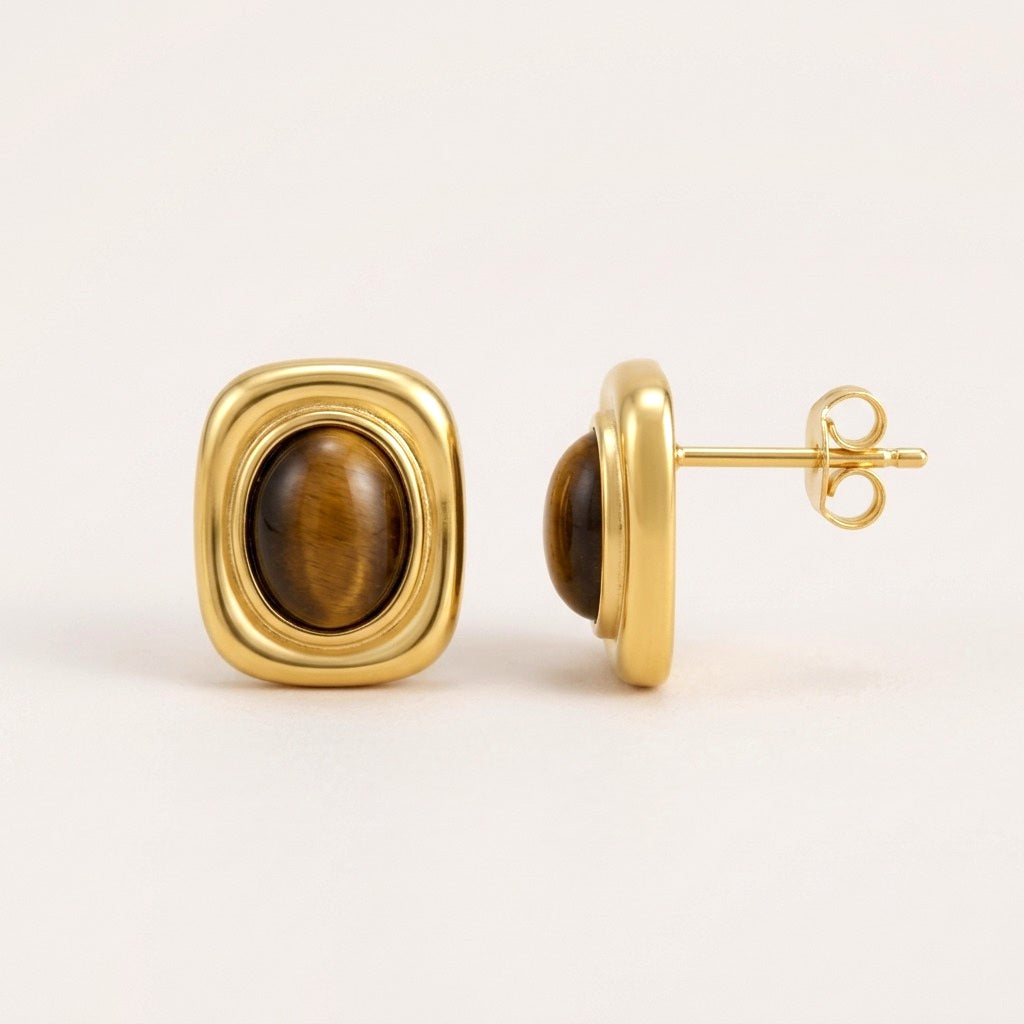 Mocha Ember Studs: hypoallergenic stud earrings, shown front and side on a soft stone background
