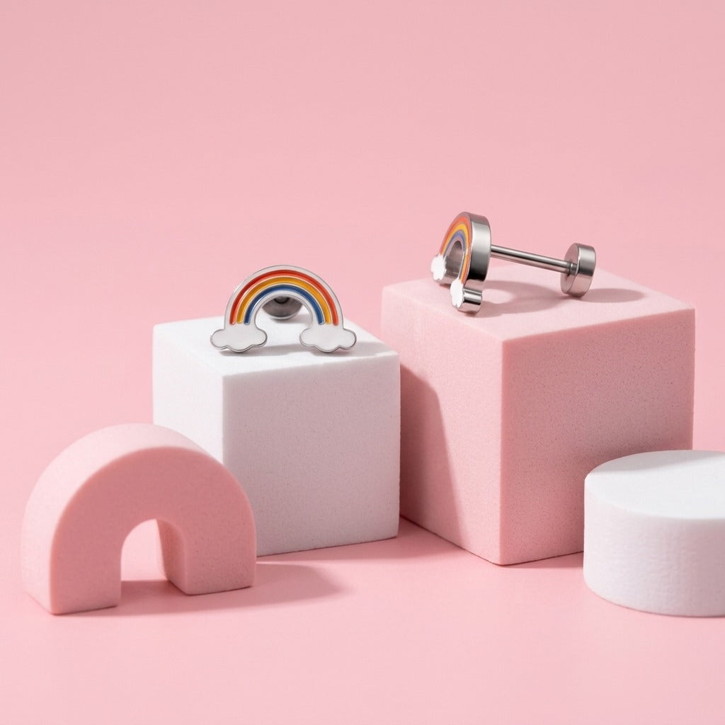 Rainbow Flat Back Studs Silver styled on pastel blocks, front and side view
