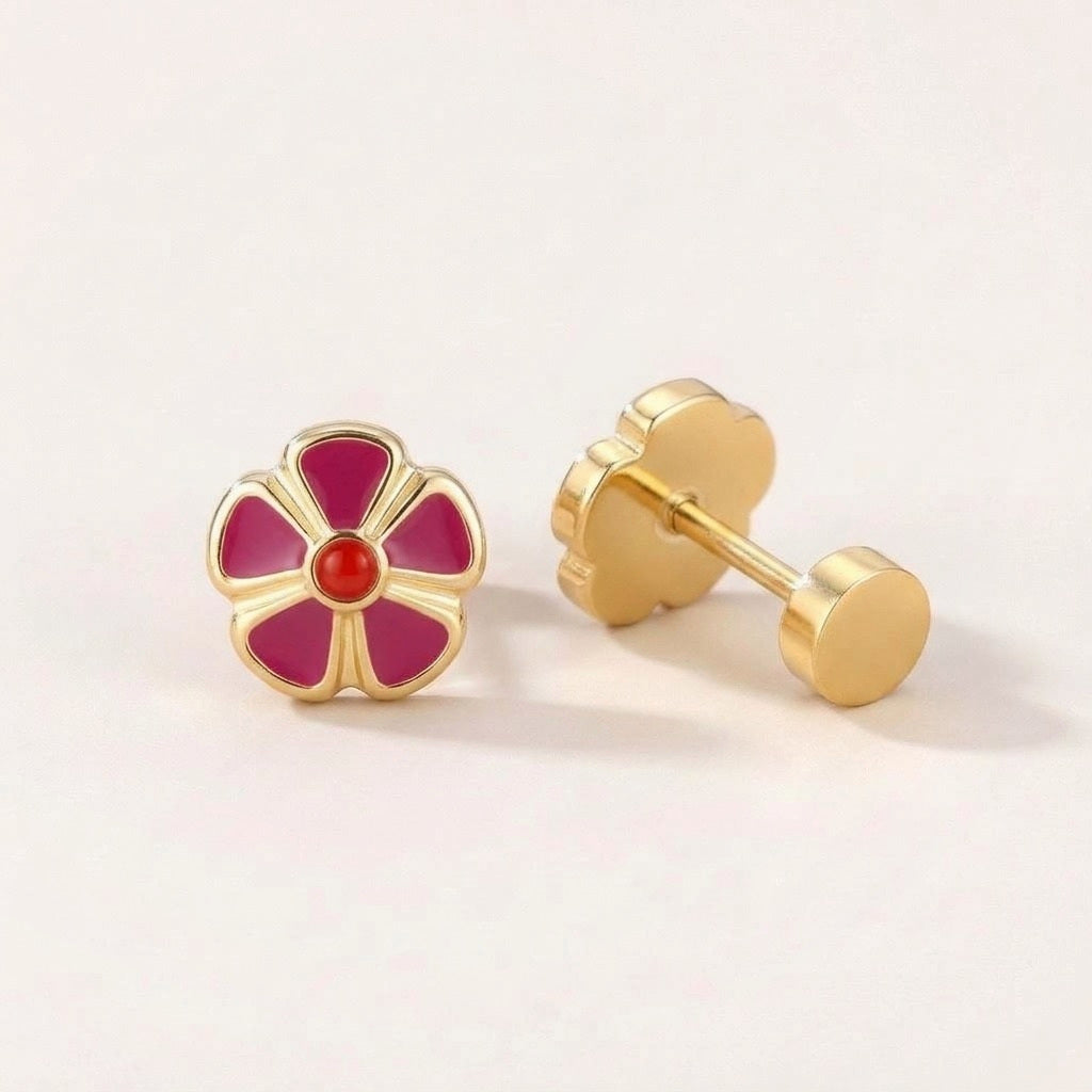 Petal Flower Flat Back Studs Gold in Dark Pink: hypoallergenic kids' flat back stud earrings, shown front and side on a soft stone background