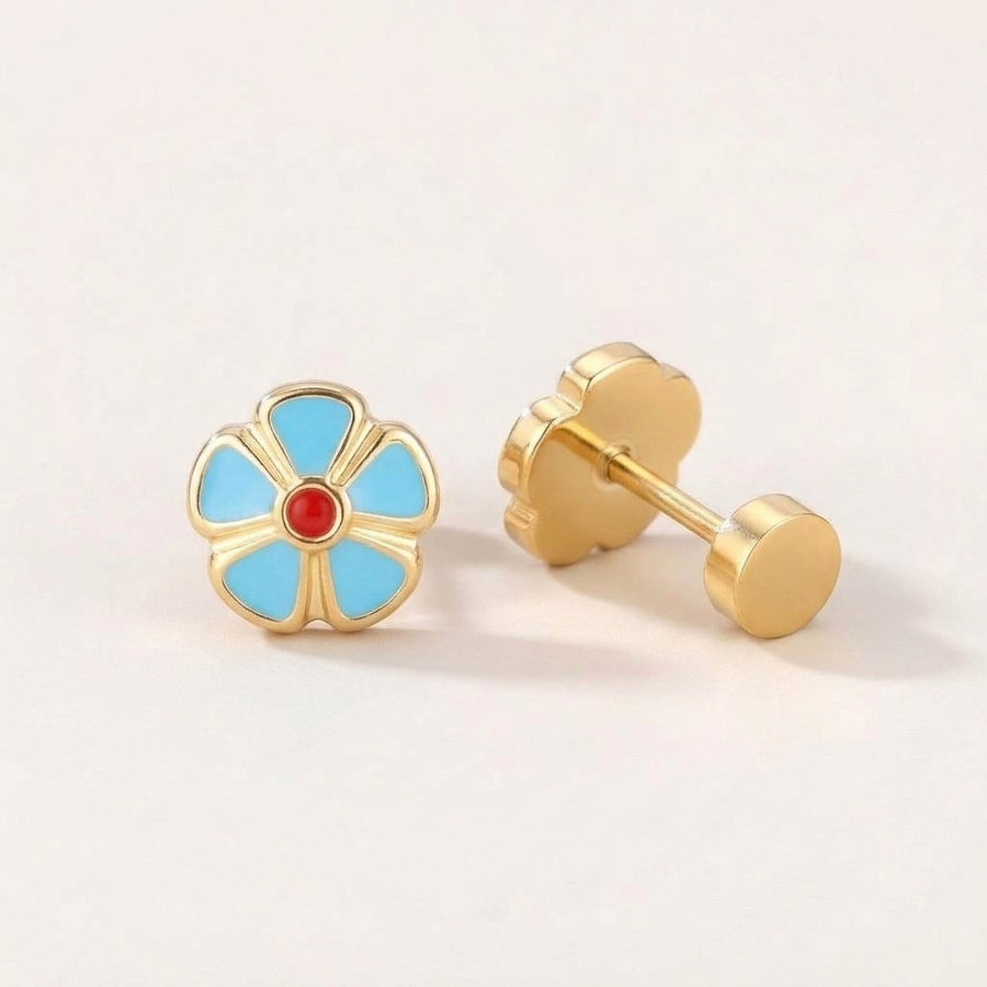 Petal Flower Flat Back Studs Gold in Light Blue: hypoallergenic kids' flat back stud earrings, shown front and side on a soft stone background