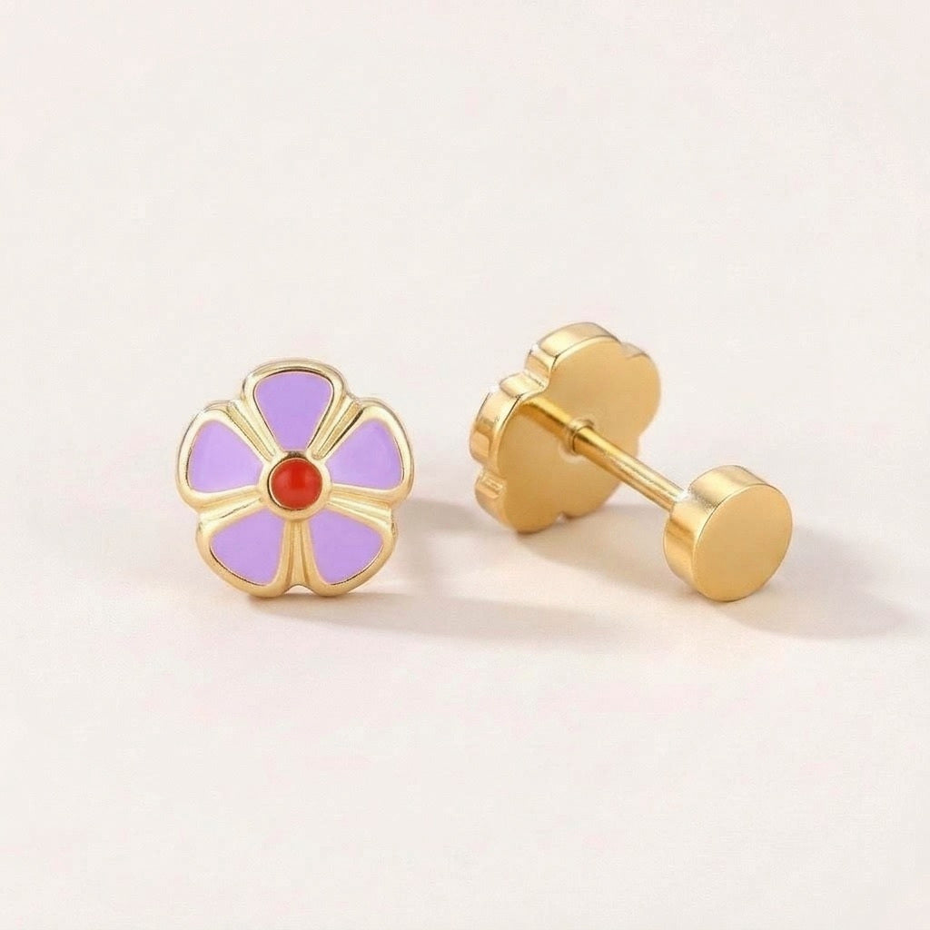 Petal Flower Flat Back Studs Gold in Lilac: hypoallergenic kids' flat back stud earrings, shown front and side on a soft stone background