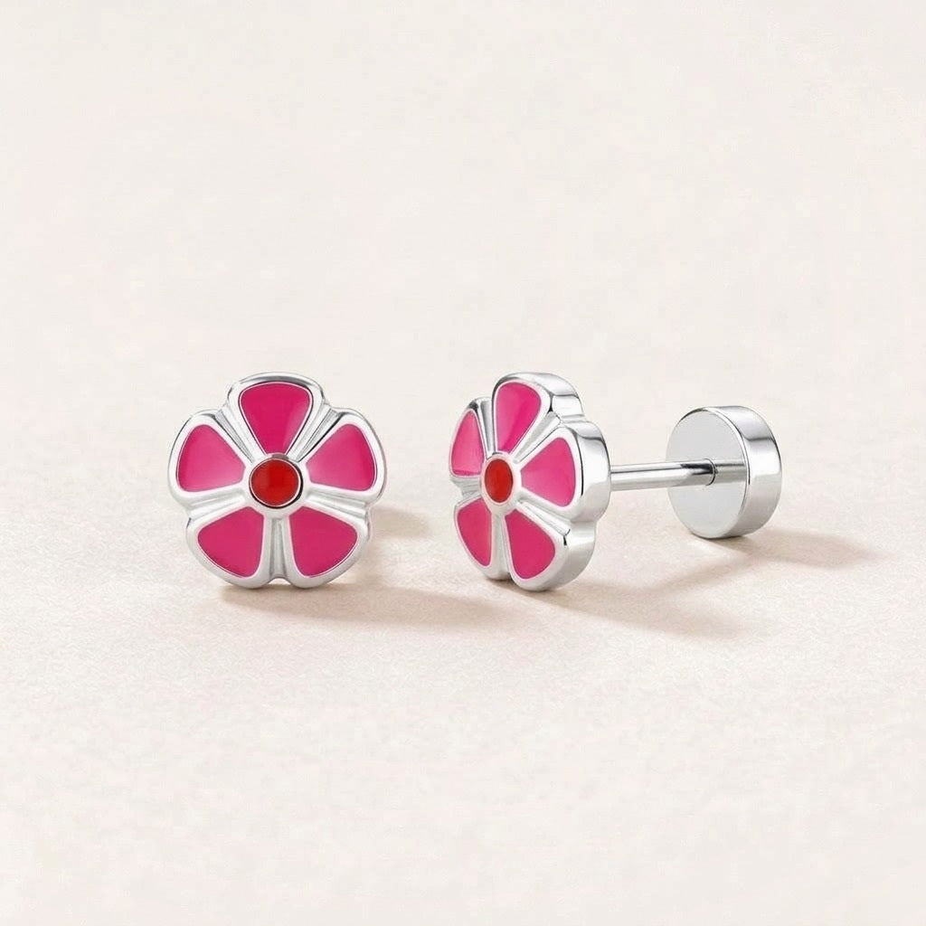 Petal Flower Flat Back Studs Silver in Dark Pink: hypoallergenic kids' flat back stud earrings, shown front and side on a soft stone background
