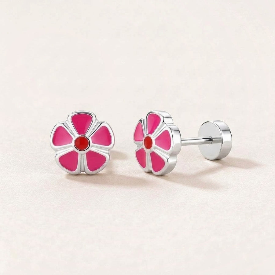 Petal Flower Flat Back Studs Silver in Dark Pink: hypoallergenic kids' flat back stud earrings, shown front and side on a soft stone background