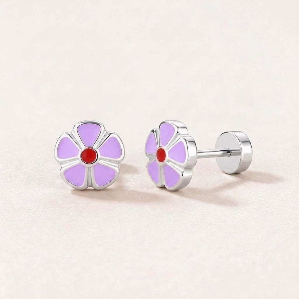 Petal Flower Flat Back Studs Silver in Lilac: hypoallergenic kids' flat back stud earrings, shown front and side on a soft stone background