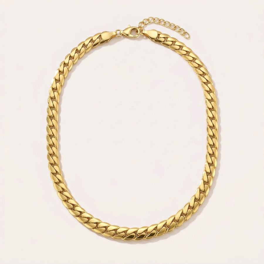 Sleek Gold Curb Chain Necklace: hypoallergenic necklace, shown front and side on a soft stone background
