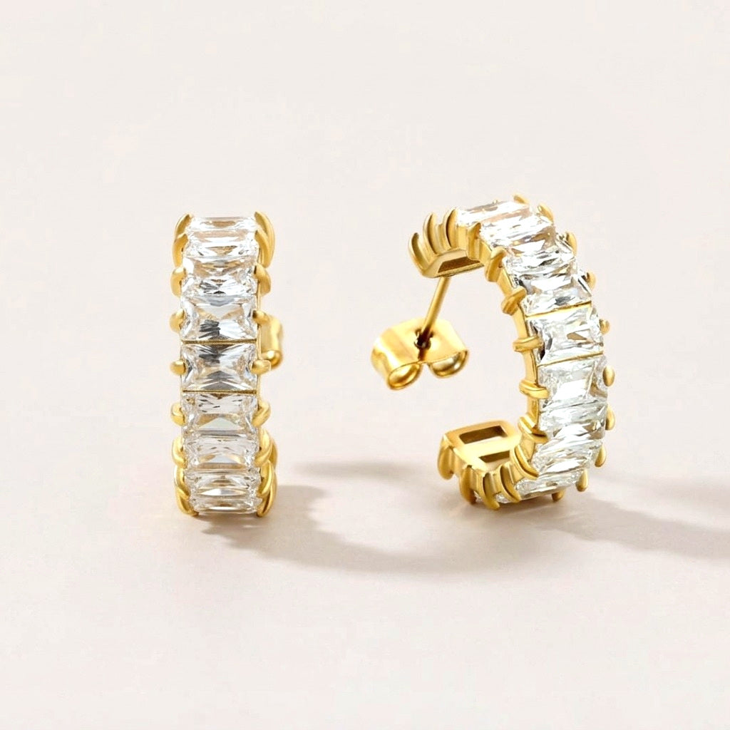 Sparkle Pop CZ Diamond Hoops Gold: hypoallergenic hoop earrings, shown front and side on a soft stone background