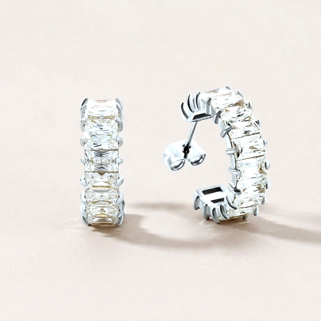 Sparkle Pop CZ Diamond Hoops Silver: hypoallergenic hoop earrings, shown front and side on a soft stone background