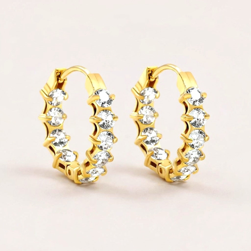 Starlight Spark CZ Diamond Hoops Gold: hypoallergenic hoop earrings, shown front and side on a soft stone background