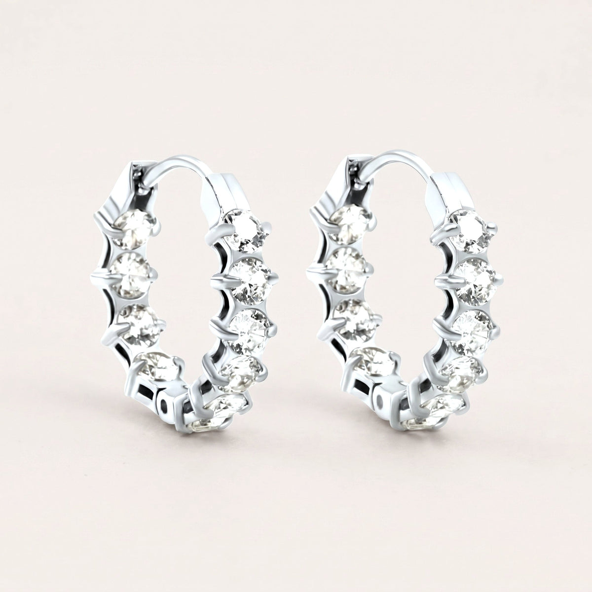 Starlight Spark CZ Diamond Hoops Silver: hypoallergenic hoop earrings, shown front and side on a soft stone background