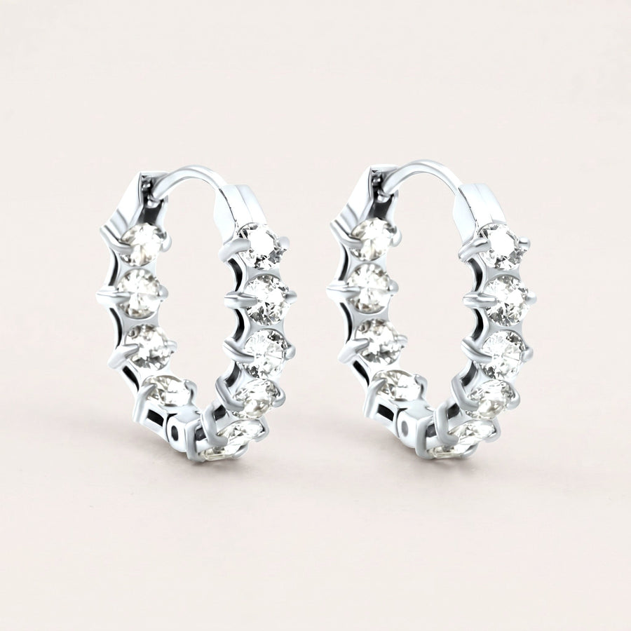 Starlight Spark CZ Diamond Hoops Silver: hypoallergenic hoop earrings, shown front and side on a soft stone background