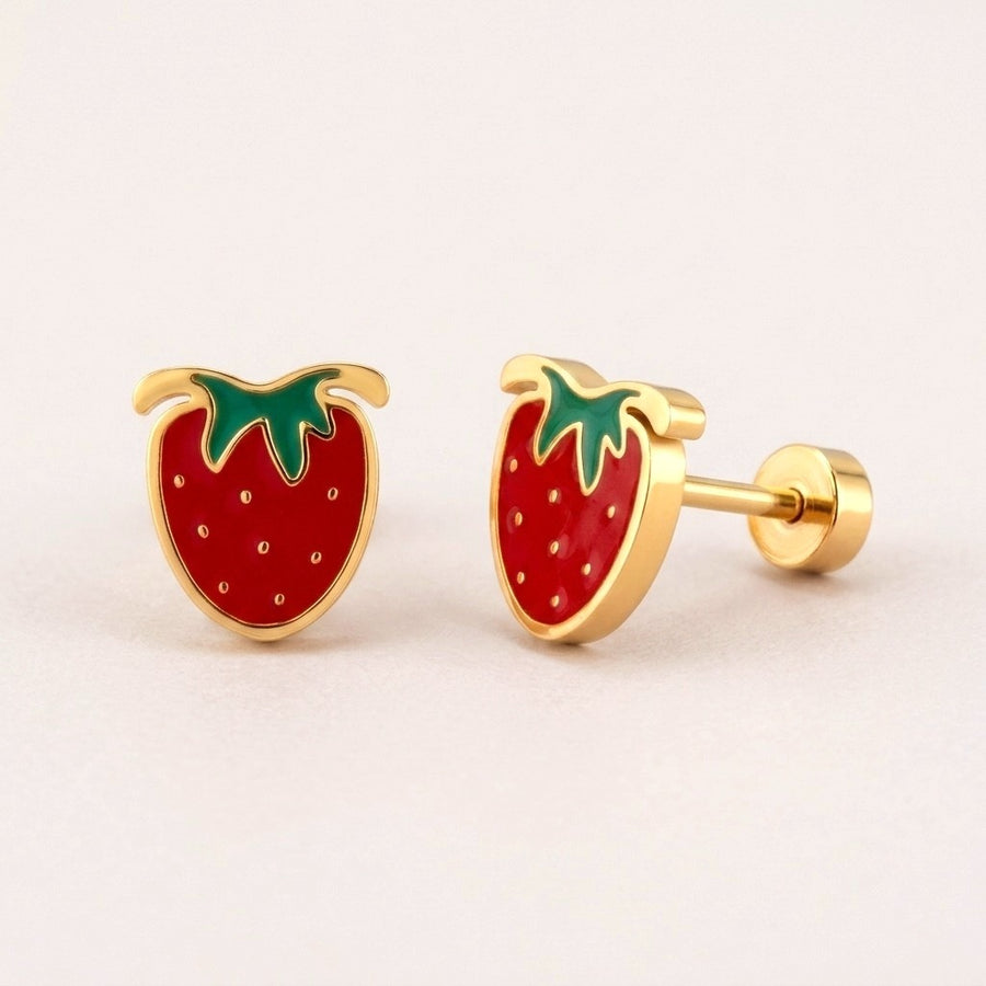 Strawberry Delight Flat Back Studs Gold on a soft stone background