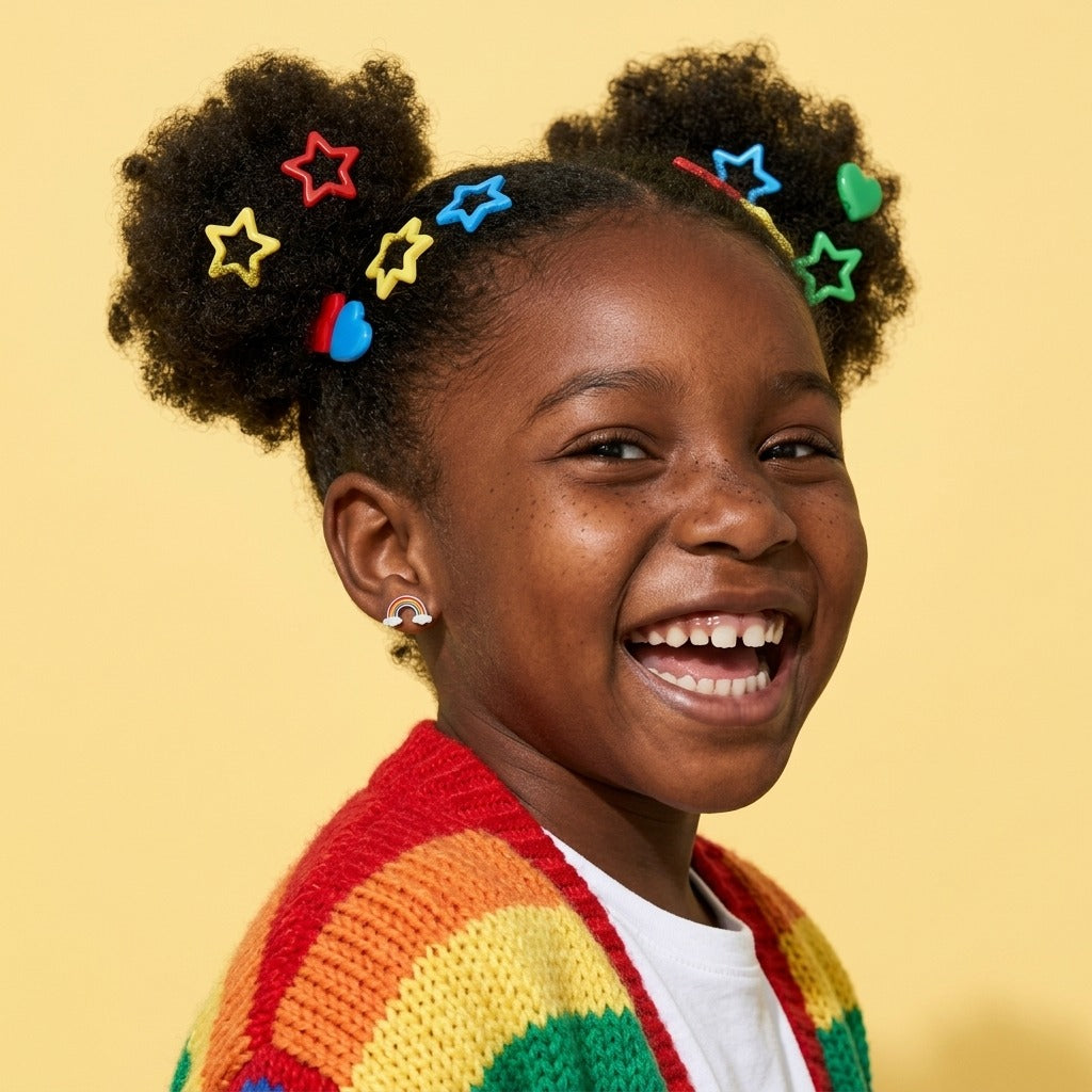 Rainbow Flat Back Studs Silver worn by a laughing girl in a rainbow knit cardigan with star hair clips