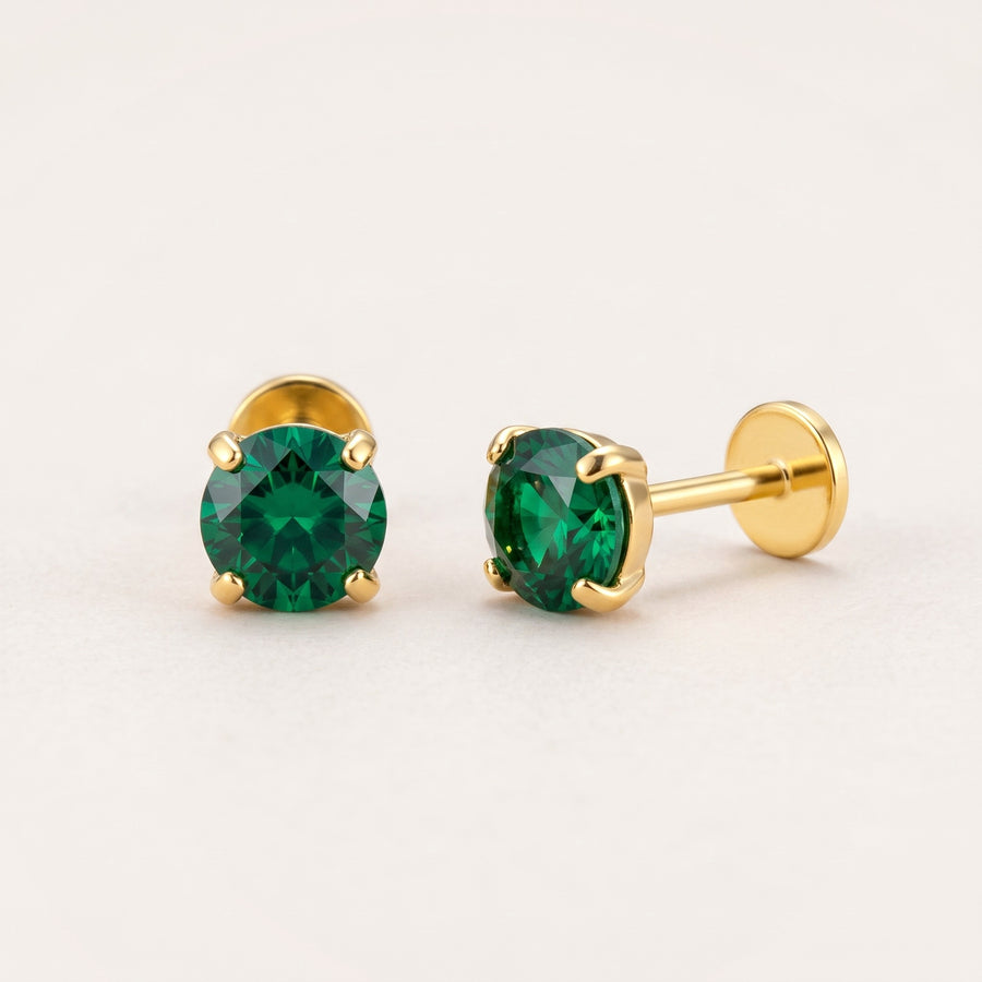 May birthstone earrings in gold: emerald colour flat back studs