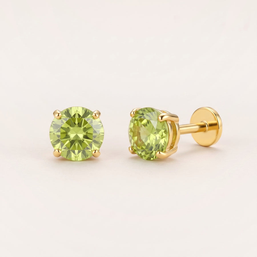 August birthstone earrings in gold: peridot colour flat back studs