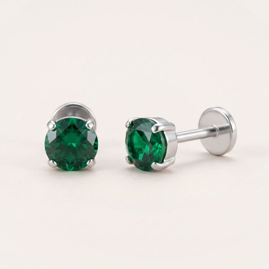 May birthstone earrings in silver: emerald colour flat back studs