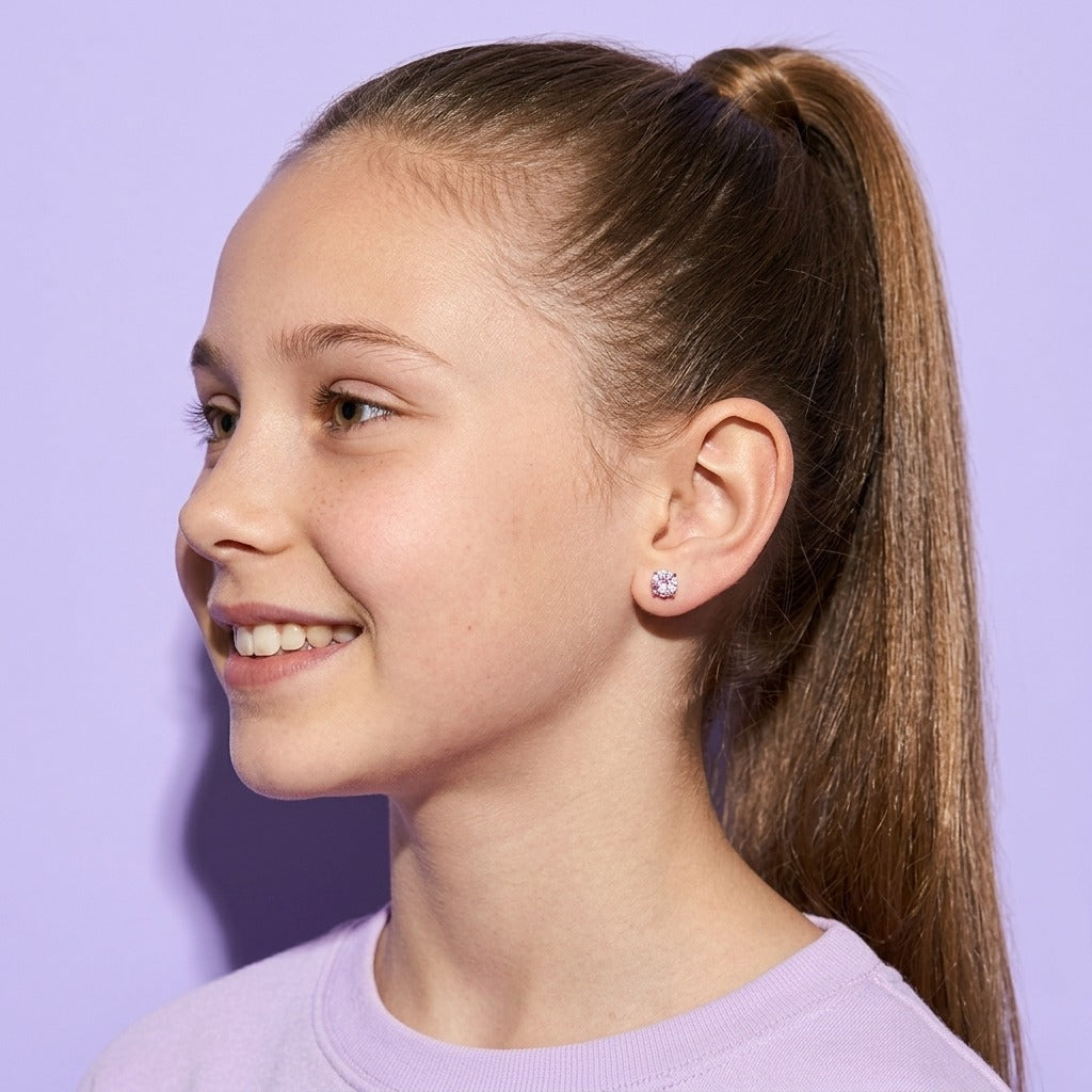 Birthstone Flat Back Studs Silver worn by a smiling girl