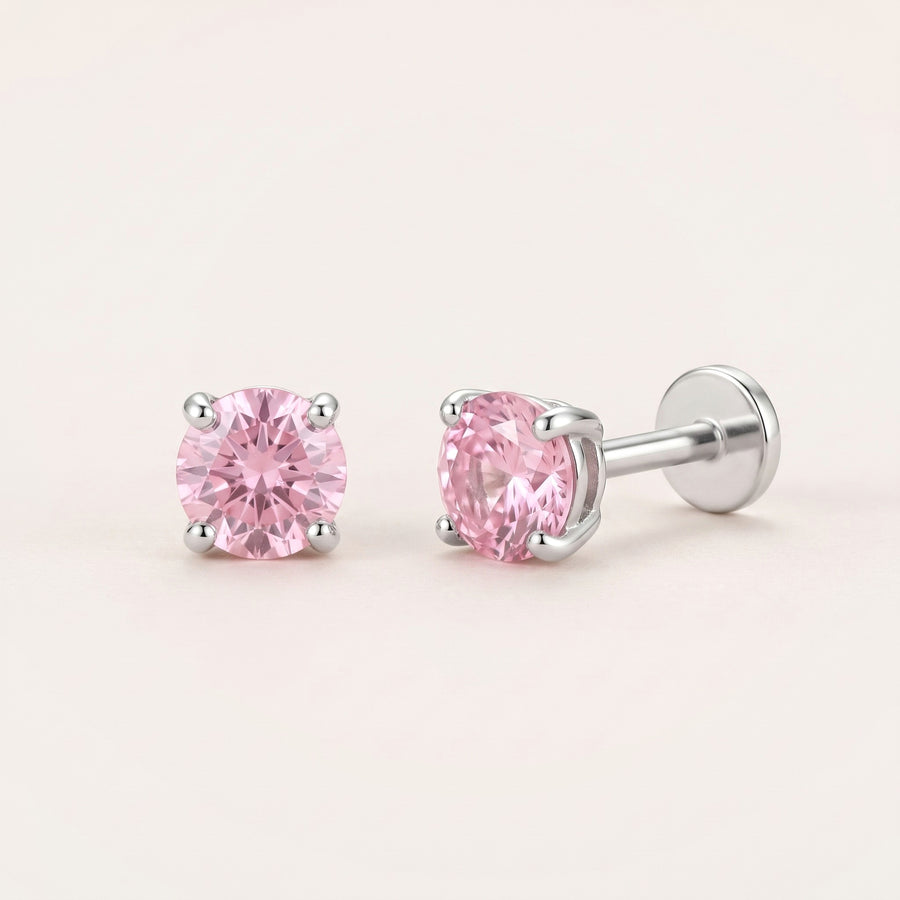 October birthstone earrings in silver: pink tourmaline colour flat back studs