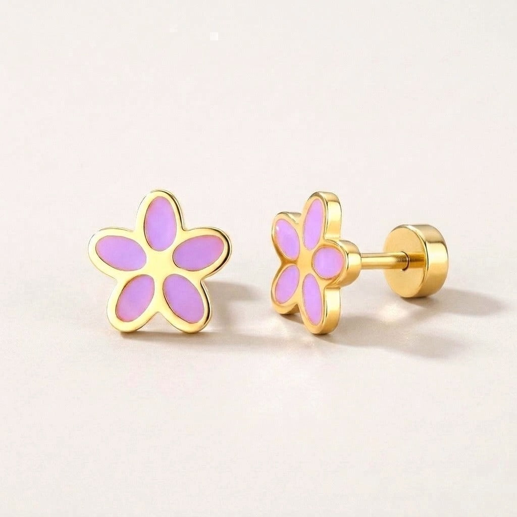 Flower Flat Back Studs Gold: hypoallergenic kids' flat back stud earrings, shown front and side on a soft stone background