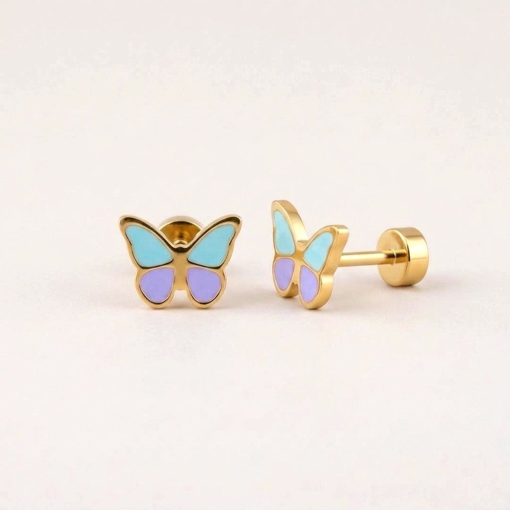 Flutter Flat Back Studs: hypoallergenic kids' flat back stud earrings, shown front and side on a soft stone background