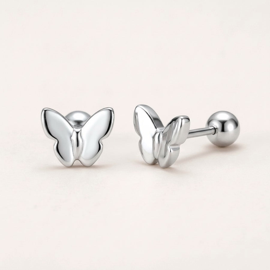 Flutter Screw Back Studs Silver: hypoallergenic kids' screw back stud earrings, shown front and side on a soft stone background