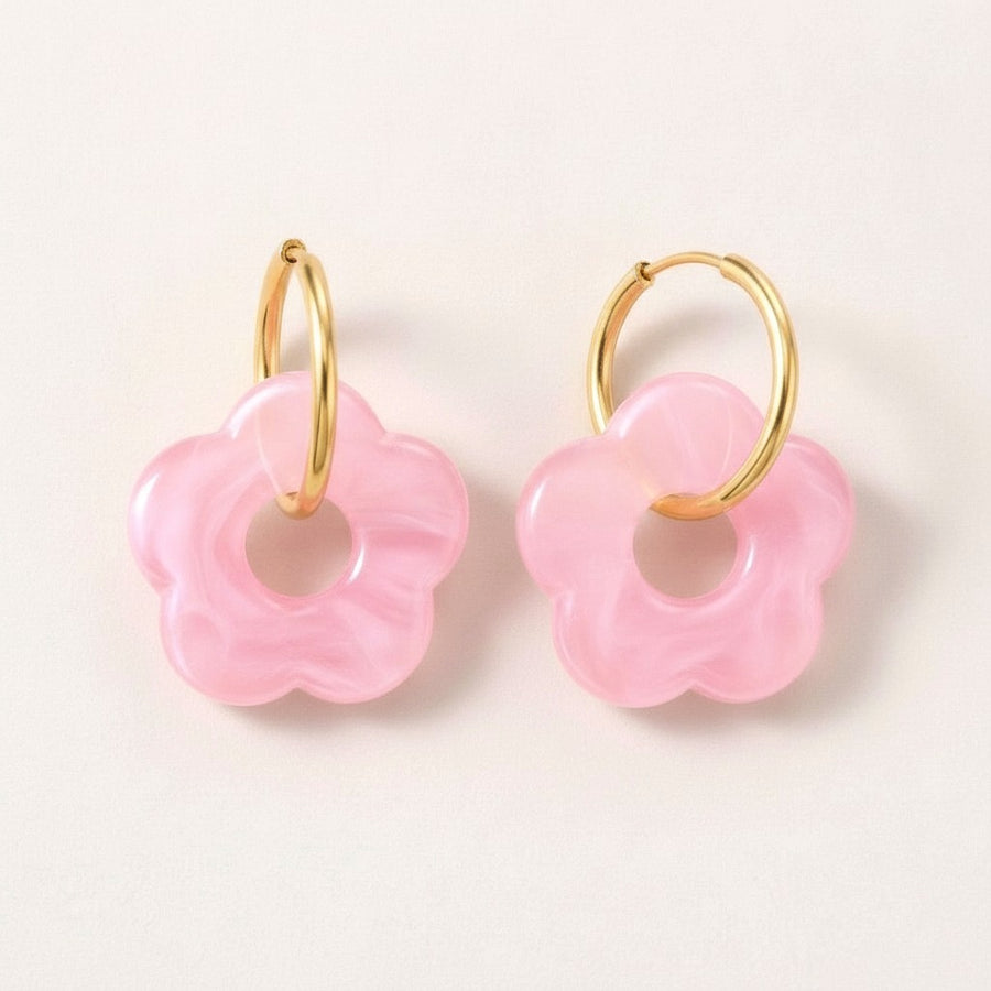 Frosted Bloom Hoops Pink: hypoallergenic kids' hoop earrings, shown front and side on a soft stone background