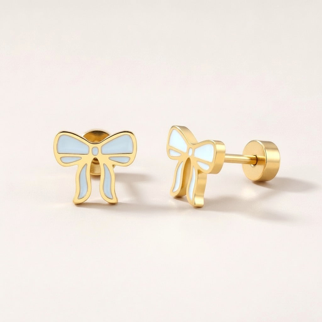 Frosted Bow Flat Back Studs: hypoallergenic kids' flat back stud earrings, shown front and side on a soft stone background