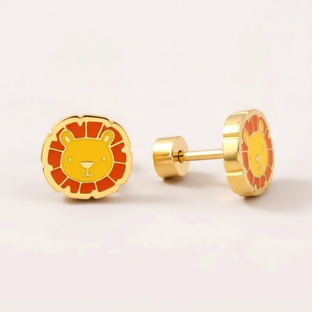 Little Lion Flat Back Studs Gold: hypoallergenic kids' flat back stud earrings, shown front and side on a soft stone background