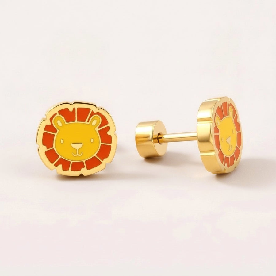 Little Lion Flat Back Studs Gold: hypoallergenic kids' flat back stud earrings, shown front and side on a soft stone background