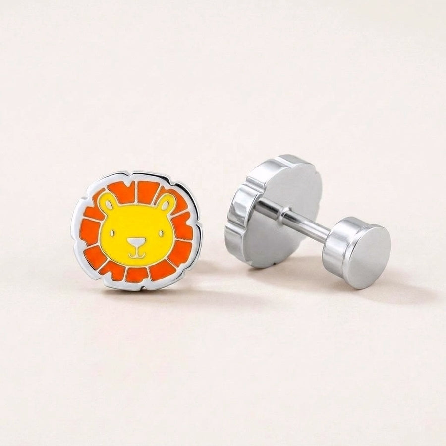 Little Lion Flat Back Studs Silver: hypoallergenic kids' flat back stud earrings, shown front and side on a soft stone background
