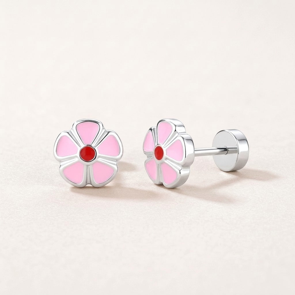 Petal Flower Flat Back Studs Silver: hypoallergenic kids' flat back stud earrings, shown front and side on a soft stone background