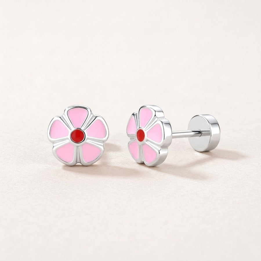 Petal Flower Flat Back Studs Silver: hypoallergenic kids' flat back stud earrings, shown front and side on a soft stone background
