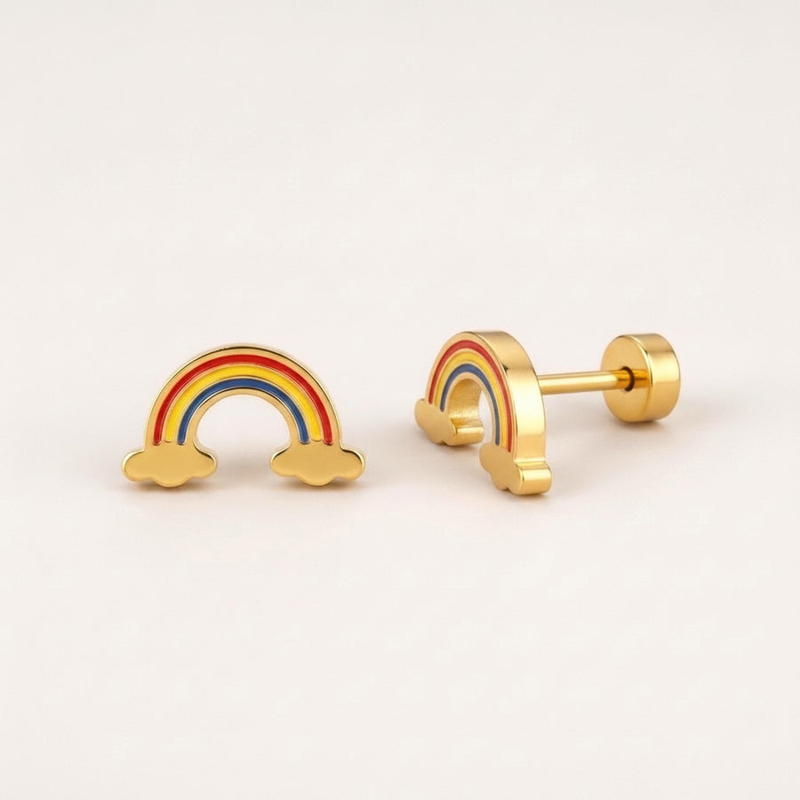 Rainbow Flat Back Studs Gold: hypoallergenic kids' flat back stud earrings, shown front and side on a soft stone background